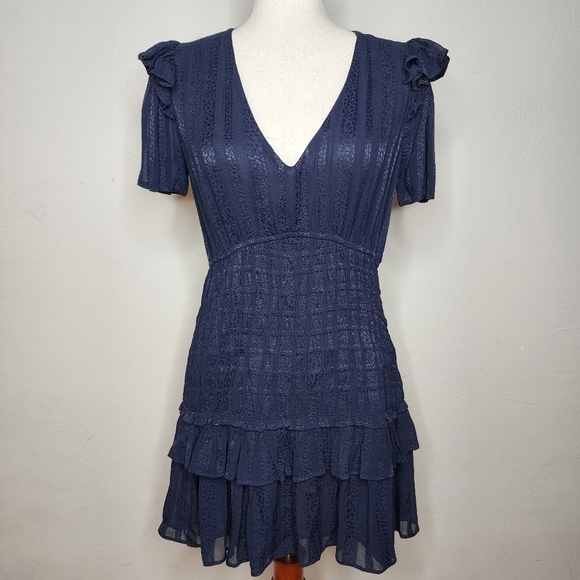 LoveShackFancy Rena Navy Blue Smocked Waist Mini Dress Size Medium - Picture 1 of 11